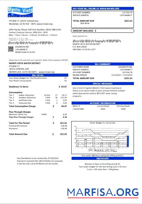 Blank USA California Monte Vista Water District business utility bill template in Word and PDF formats